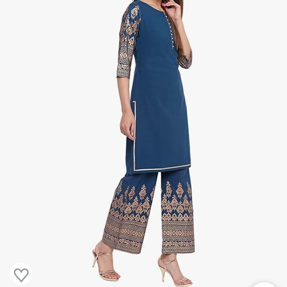 Janasya Indian Women's Teal Poly Crepe Kurti With Palazzo - Picture 6 of 8